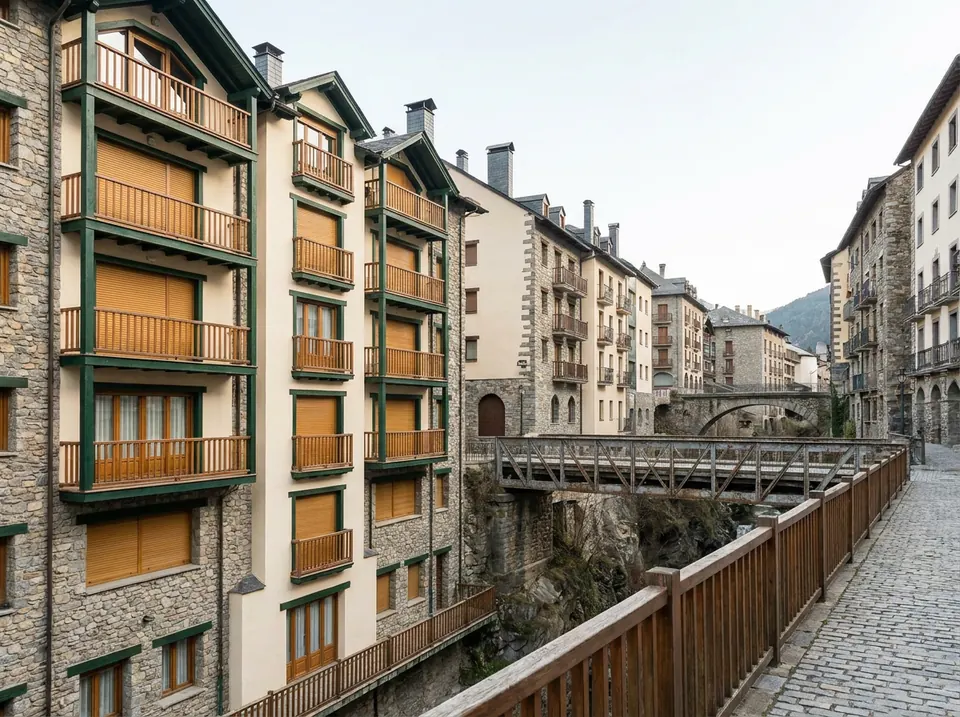 Edificios de viviendas con persianas junto a un barranco con puentes, en una ciudad de montaña